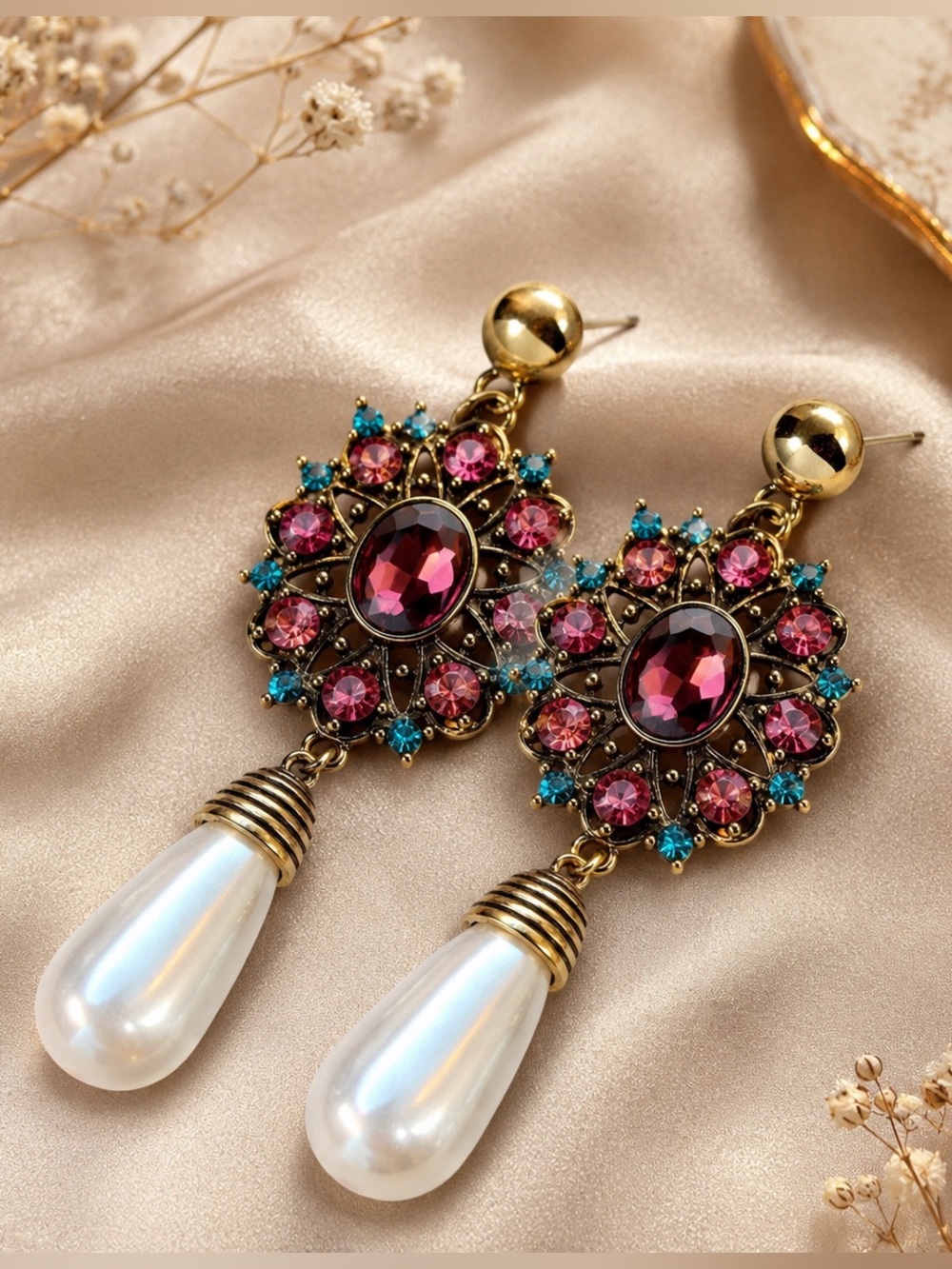 Royal Vintage Statement Earrings • Ruby & Teal Crystals